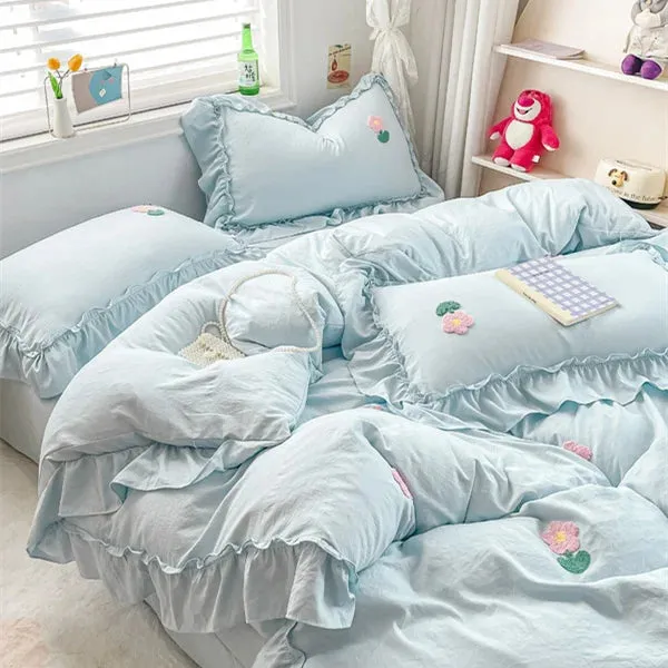 Yeknu Bed Linen Bedding Set 2024 Korean Princess Style Lace  Towel Embryos  Washing Cotton Four PIECE Set Duvet Cover With Pillowcase