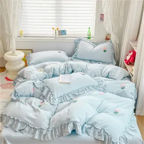 Yeknu Bed Linen Bedding Set 2024 Korean Princess Style Lace  Towel Embryos  Washing Cotton Four PIECE Set Duvet Cover With Pillowcase