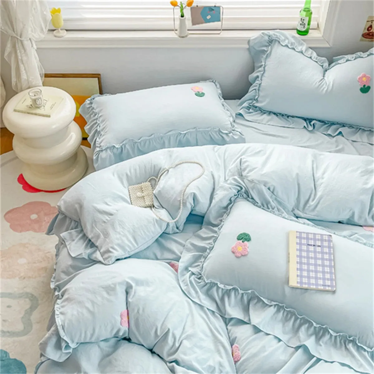 Yeknu Bed Linen Bedding Set 2024 Korean Princess Style Lace  Towel Embryos  Washing Cotton Four PIECE Set Duvet Cover With Pillowcase