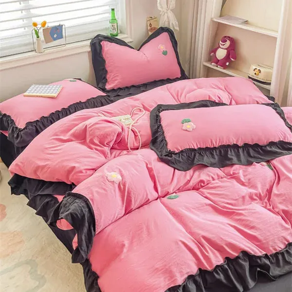 Yeknu Bed Linen Bedding Set 2024 Korean Princess Style Lace  Towel Embryos  Washing Cotton Four PIECE Set Duvet Cover With Pillowcase