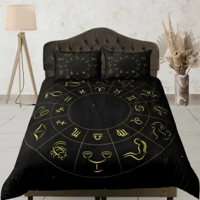 Zodiac signs celestial bedding, witchy decor dorm bedding, aesthetic duvet cover black, boho bedding set full king queen, astrology gifts